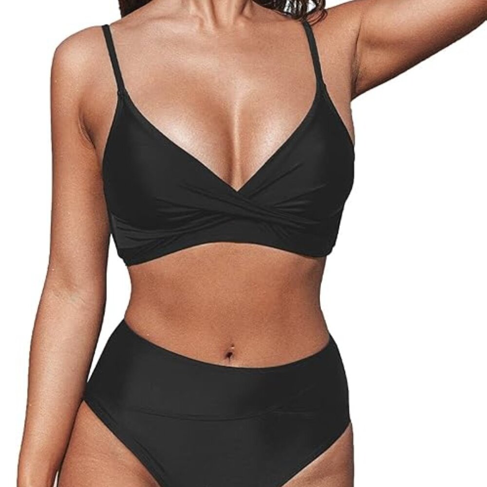 New CUPSHE  Twist High Waisted V Neck Spaghetti Strap Bikini Set